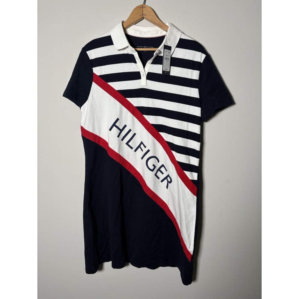Tommy Hilfiger Women Polo Dress Banner Stripe Spell Out Navy White NWT Size L